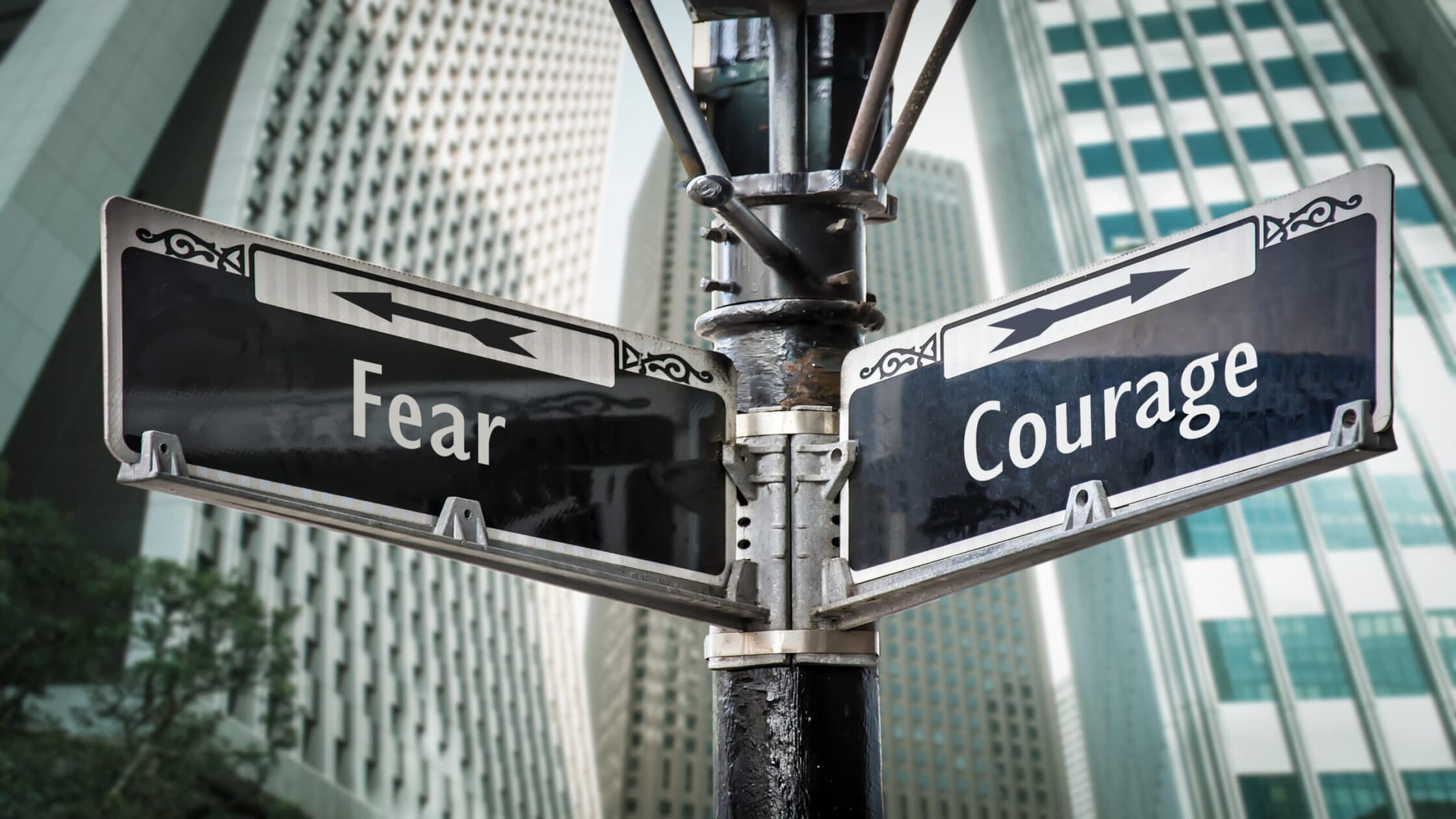Street,Sign,The,Direction,Way,To,Courage,Versus,Fear